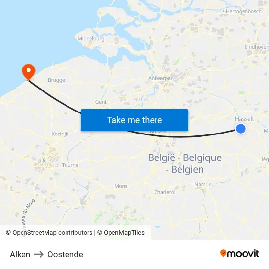 Alken to Oostende map