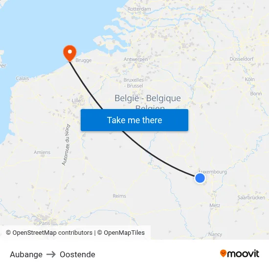 Aubange to Oostende map