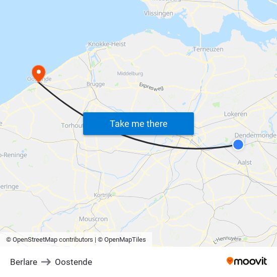 Berlare to Oostende map