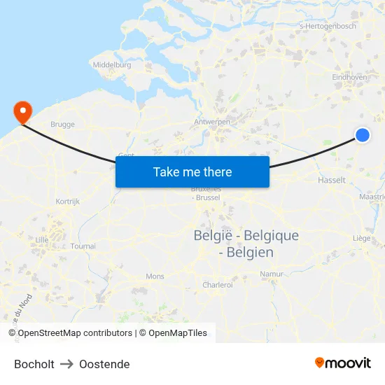 Bocholt to Oostende map
