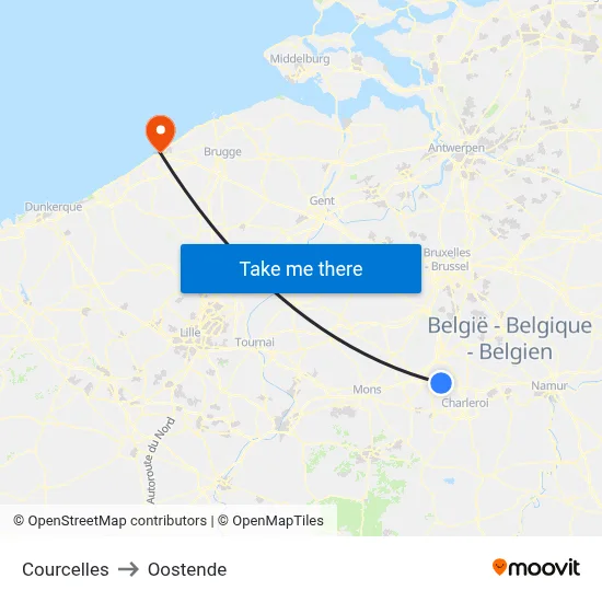 Courcelles to Oostende map