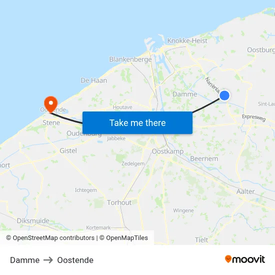 Damme to Oostende map