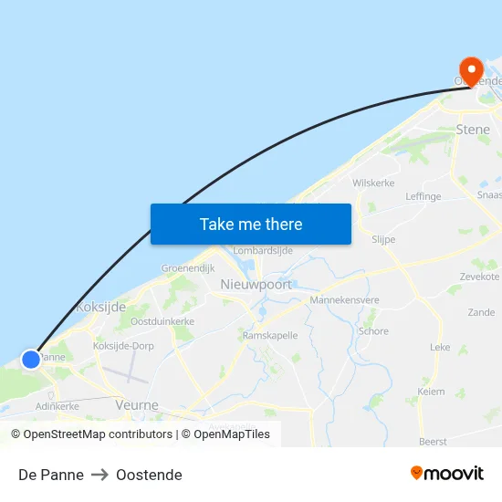 De Panne to Oostende map