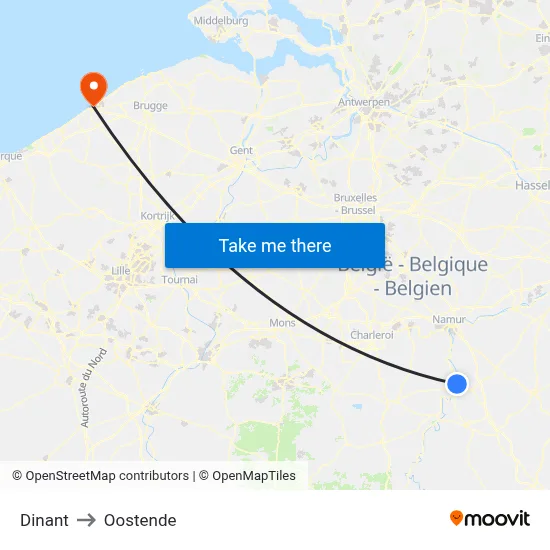 Dinant to Oostende map