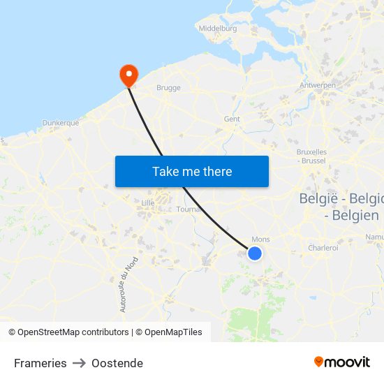 Frameries to Oostende map