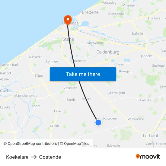 Koekelare to Oostende map