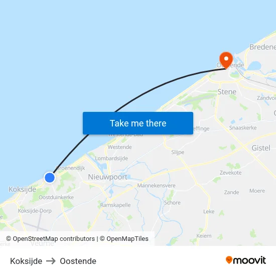 Koksijde to Oostende map