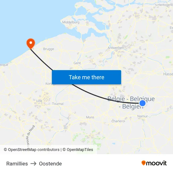 Ramillies to Oostende map