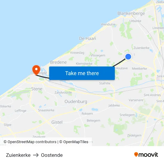 Zuienkerke to Oostende map
