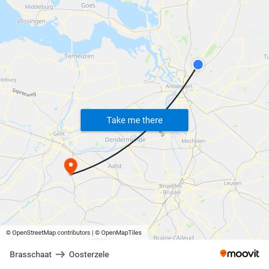 Brasschaat to Oosterzele map