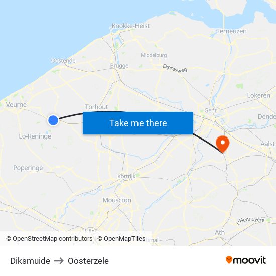 Diksmuide to Oosterzele map