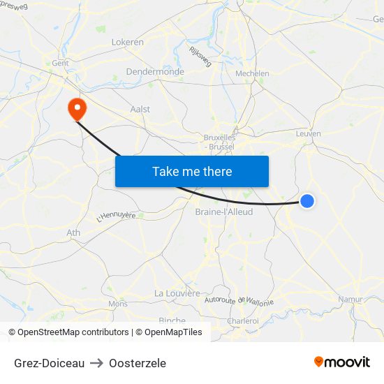 Grez-Doiceau to Oosterzele map