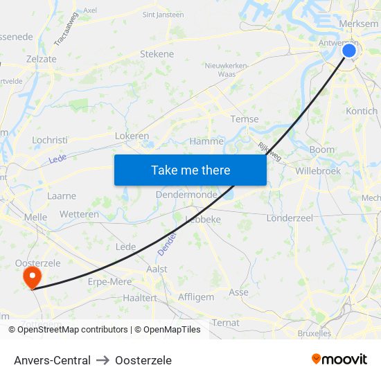 Anvers-Central to Oosterzele map