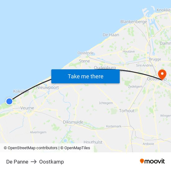 De Panne to Oostkamp map