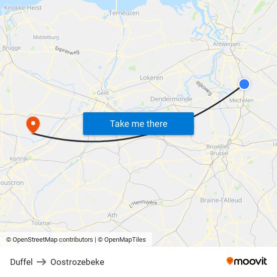 Duffel to Oostrozebeke map