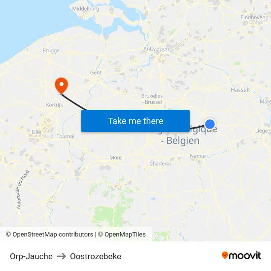 Orp-Jauche to Oostrozebeke map
