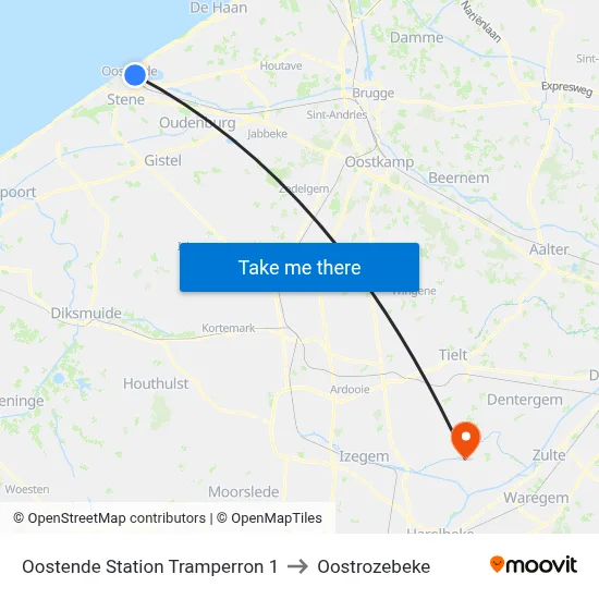Oostende Station Tramperron 1 to Oostrozebeke map