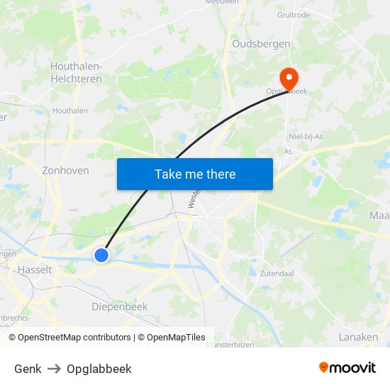 Genk to Opglabbeek map