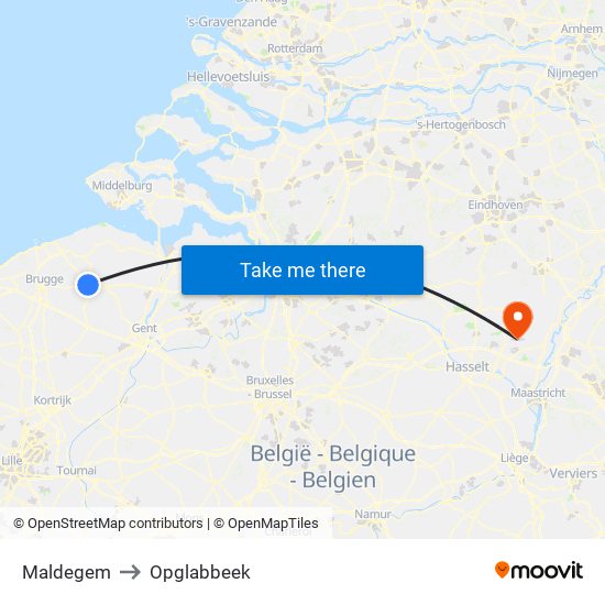 Maldegem to Opglabbeek map