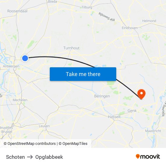 Schoten to Opglabbeek map