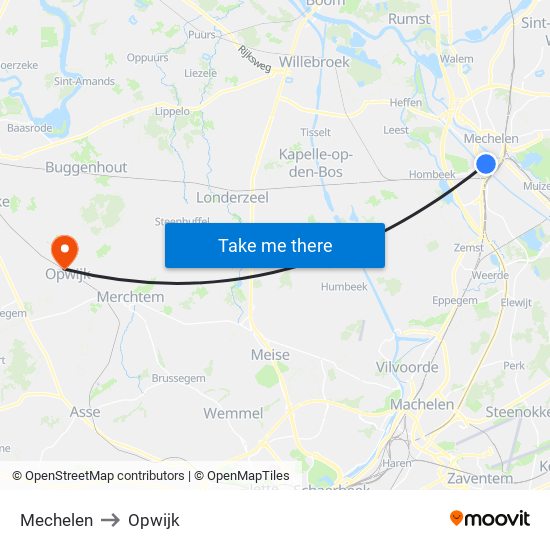 Mechelen to Opwijk map