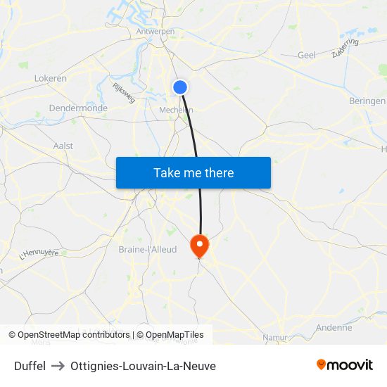 Duffel to Ottignies-Louvain-La-Neuve map