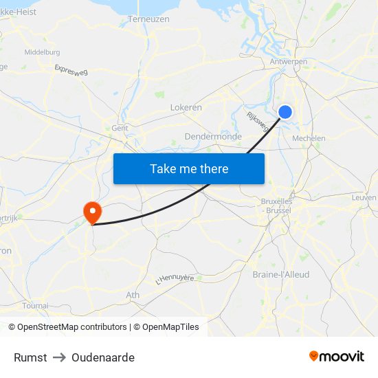 Rumst to Oudenaarde map