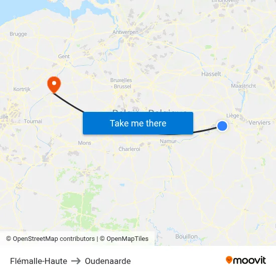 Flémalle-Haute to Oudenaarde map