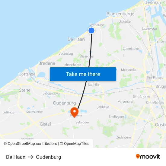De Haan to Oudenburg map