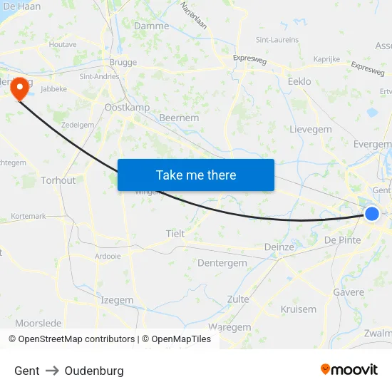 Gent to Oudenburg map