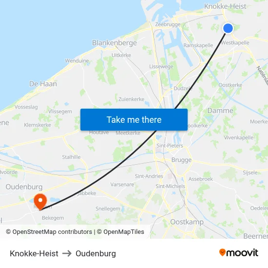Knokke-Heist to Oudenburg map