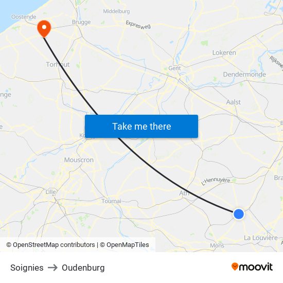 Soignies to Oudenburg map