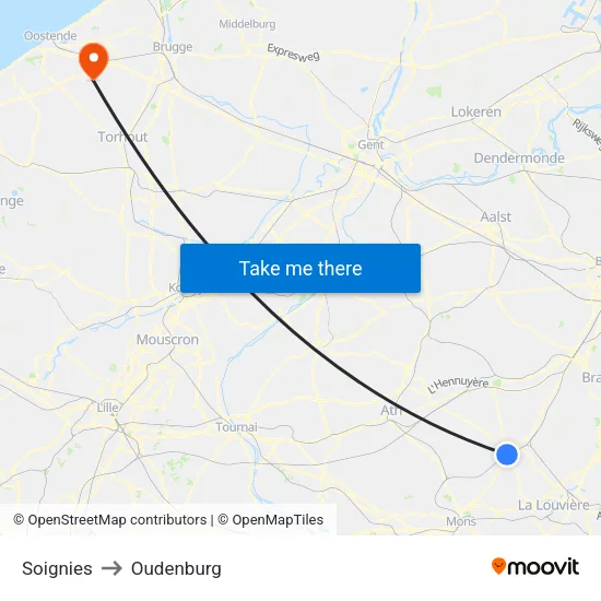 Soignies to Oudenburg map