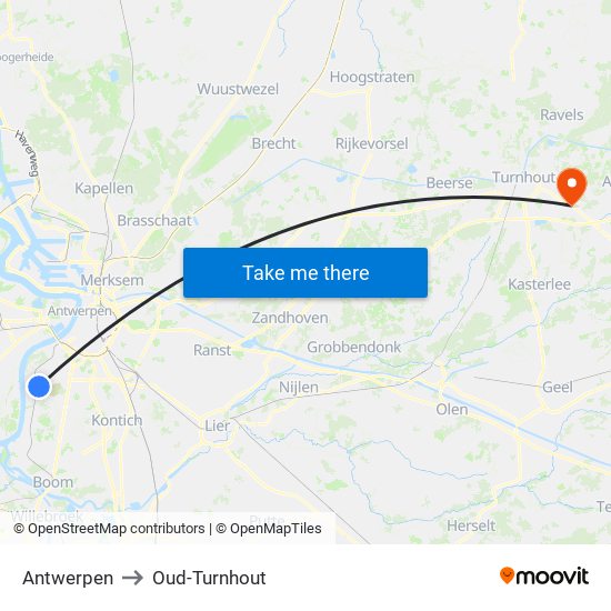 Antwerpen to Oud-Turnhout map