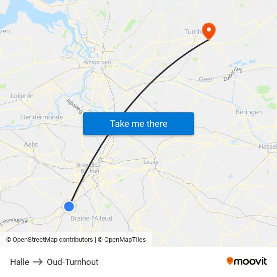 Halle to Oud-Turnhout map