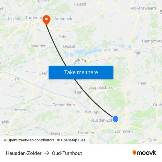 Heusden-Zolder to Oud-Turnhout map