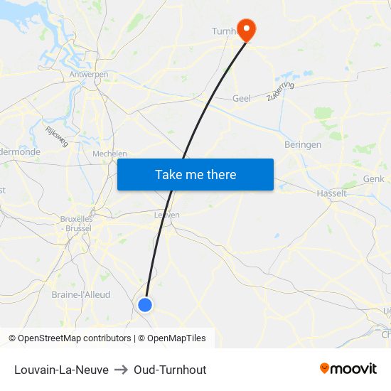 Louvain-La-Neuve to Oud-Turnhout map