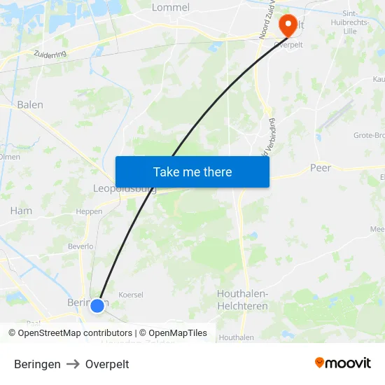 Beringen to Overpelt map