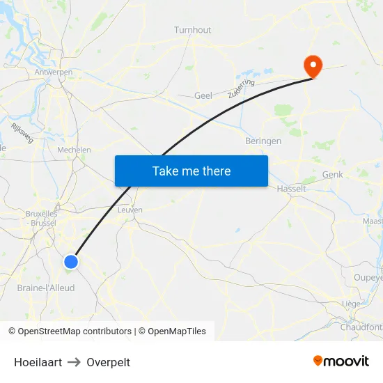 Hoeilaart to Overpelt map