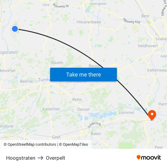 Hoogstraten to Overpelt map