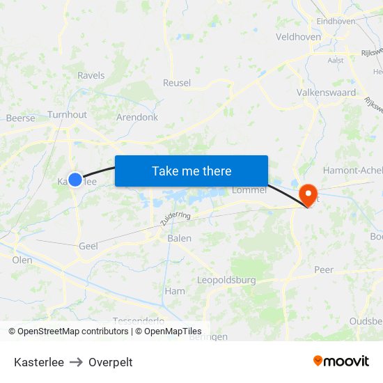 Kasterlee to Overpelt map