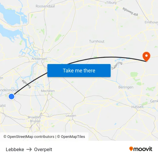 Lebbeke to Overpelt map