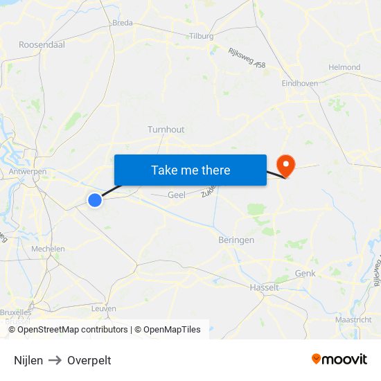 Nijlen to Overpelt map