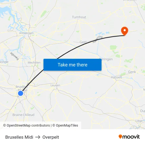 Bruxelles Midi to Overpelt map