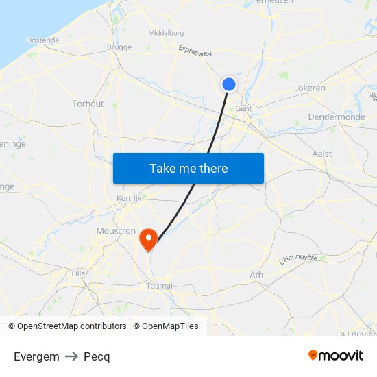 Evergem to Pecq map