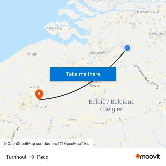 Turnhout to Pecq map