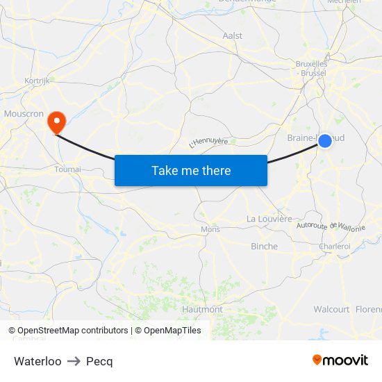 Waterloo to Pecq map