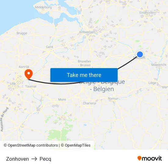 Zonhoven to Pecq map