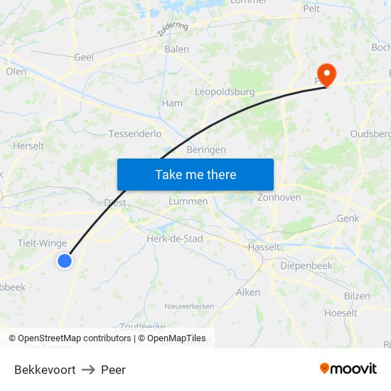 Bekkevoort to Peer map