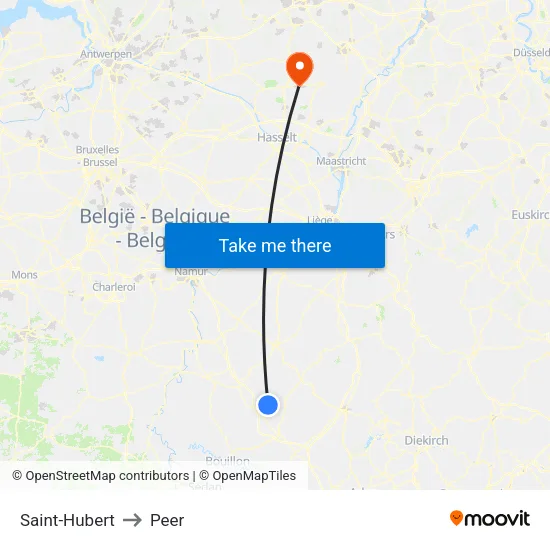 Saint-Hubert to Peer map